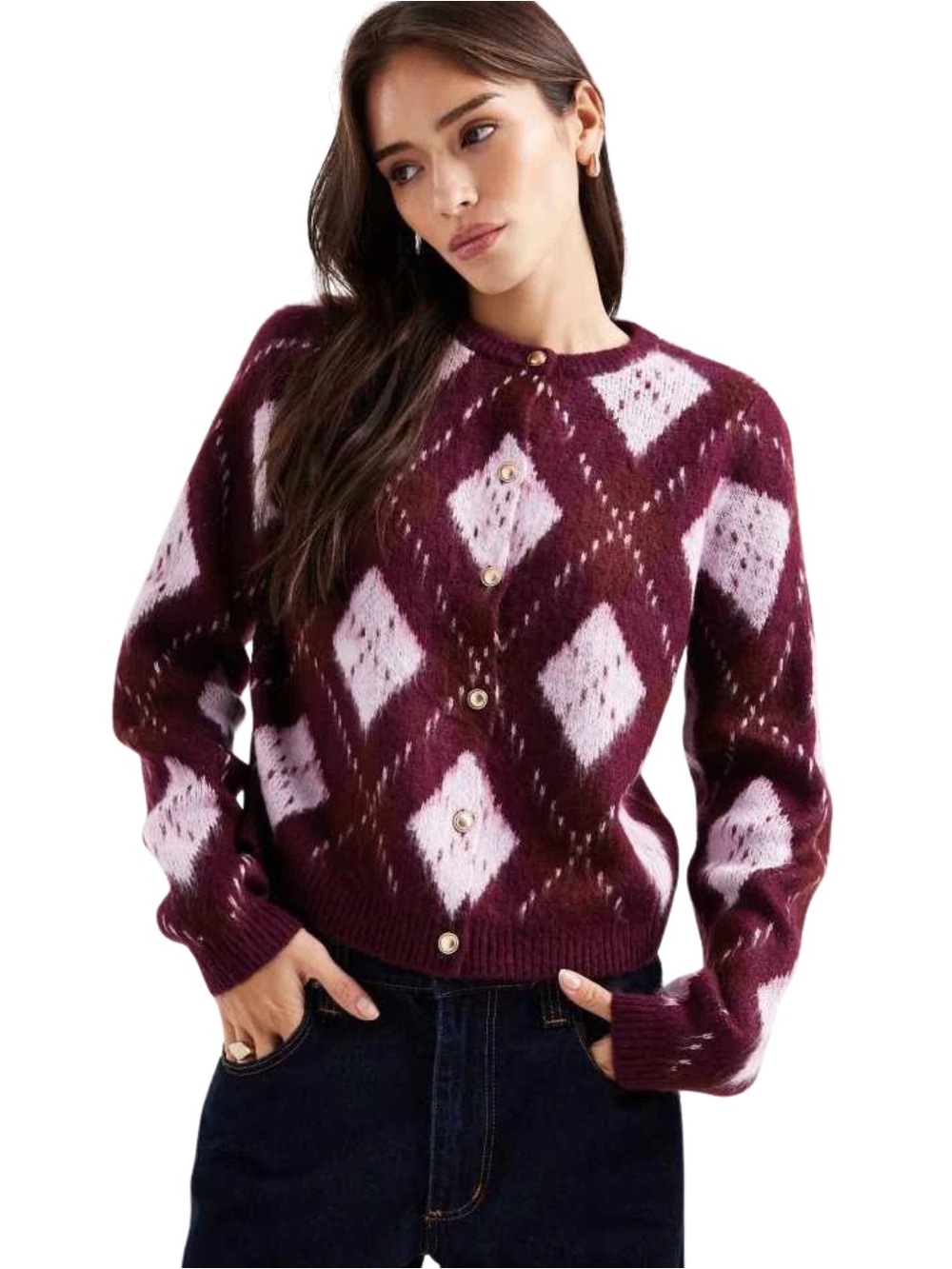 NWT Y2K Argyle Knit Miss Selfridge Cardigan Sweater Oversized Cozy